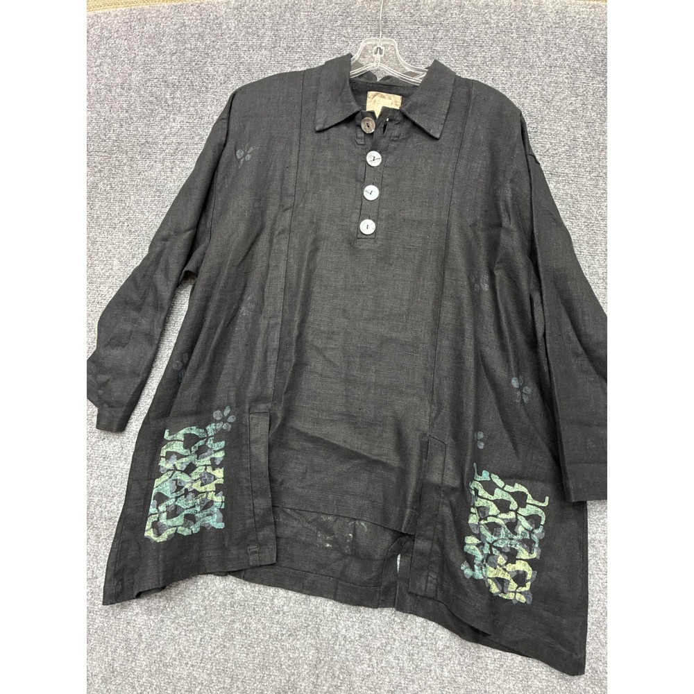 Vintage Blue Fish Barclay Black 100% Linen Artisan Abalone Tunic Boho Top Lare